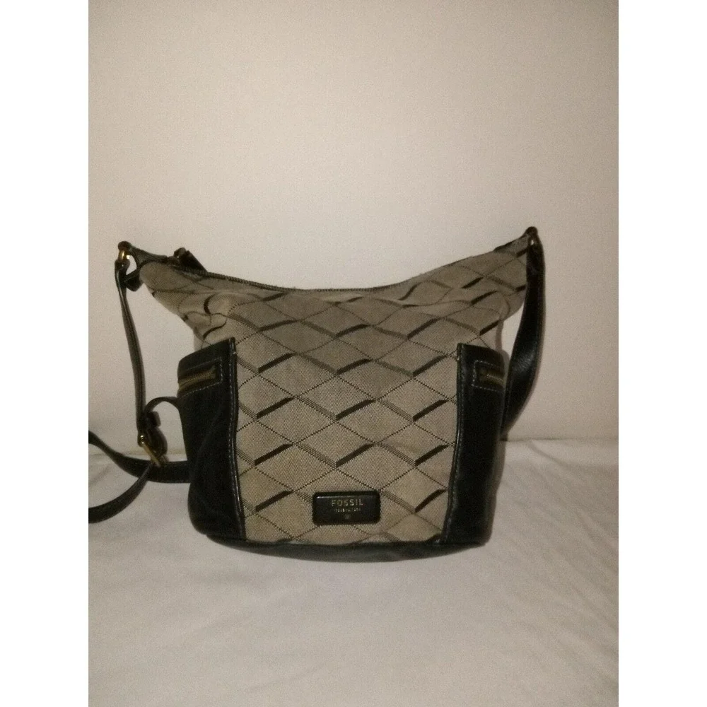 Fossil Black/Grey Fabric/Leather Hobo Shoulder Bag‎ Issue No 1954